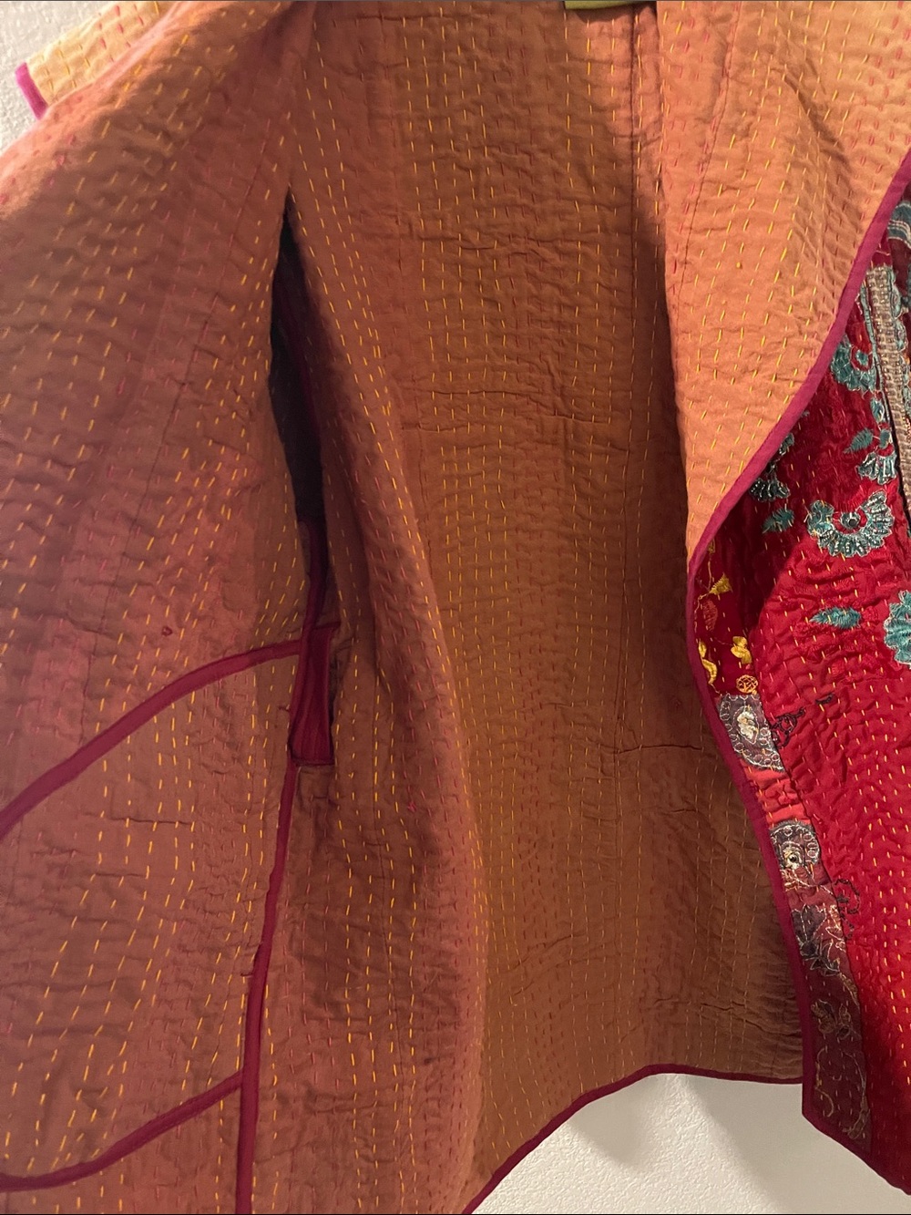 Red Patchwork Kantha Quilted Jacket with Embroidery XL-1X Kantha Jacket - Picture 8 of 15